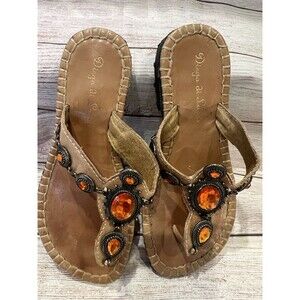 Diego di Lucen leather sandals Flip Flops orange jewel embellishments Size 6